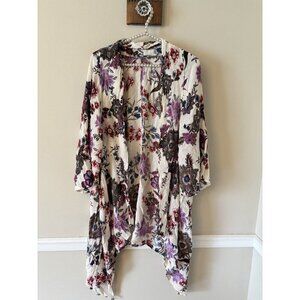 Patrons of Peace Womens Size Large Purple Floral Kimono Cardigan Duster Bohemian